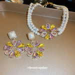 Silver Stud Rhinestone-encrusted Water Drop Flower Pearl Earrings And Necklace Set