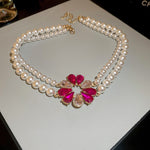 Silver Stud Rhinestone-encrusted Water Drop Flower Pearl Earrings And Necklace Set