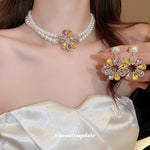 Silver Stud Rhinestone-encrusted Water Drop Flower Pearl Earrings And Necklace Set