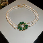 Silver Stud Rhinestone-encrusted Water Drop Flower Pearl Earrings And Necklace Set