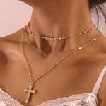Multilayer Pearl Chain With Diamond Cross Pendant Necklace Women