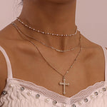 Multilayer Pearl Chain With Diamond Cross Pendant Necklace Women